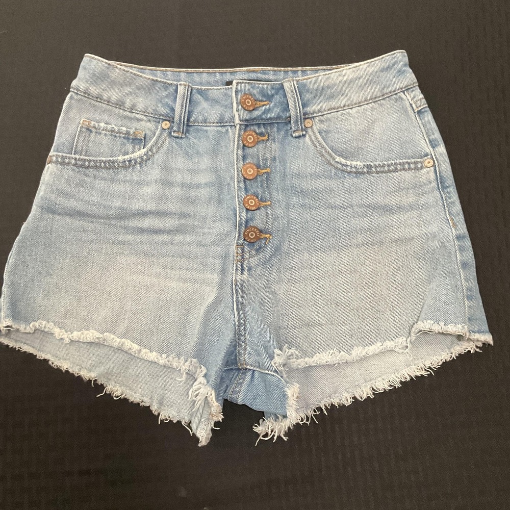 Sincerely Jules Shorts Womens 5/27 Blue Denim Button Fly High Rise Cutoff Hem